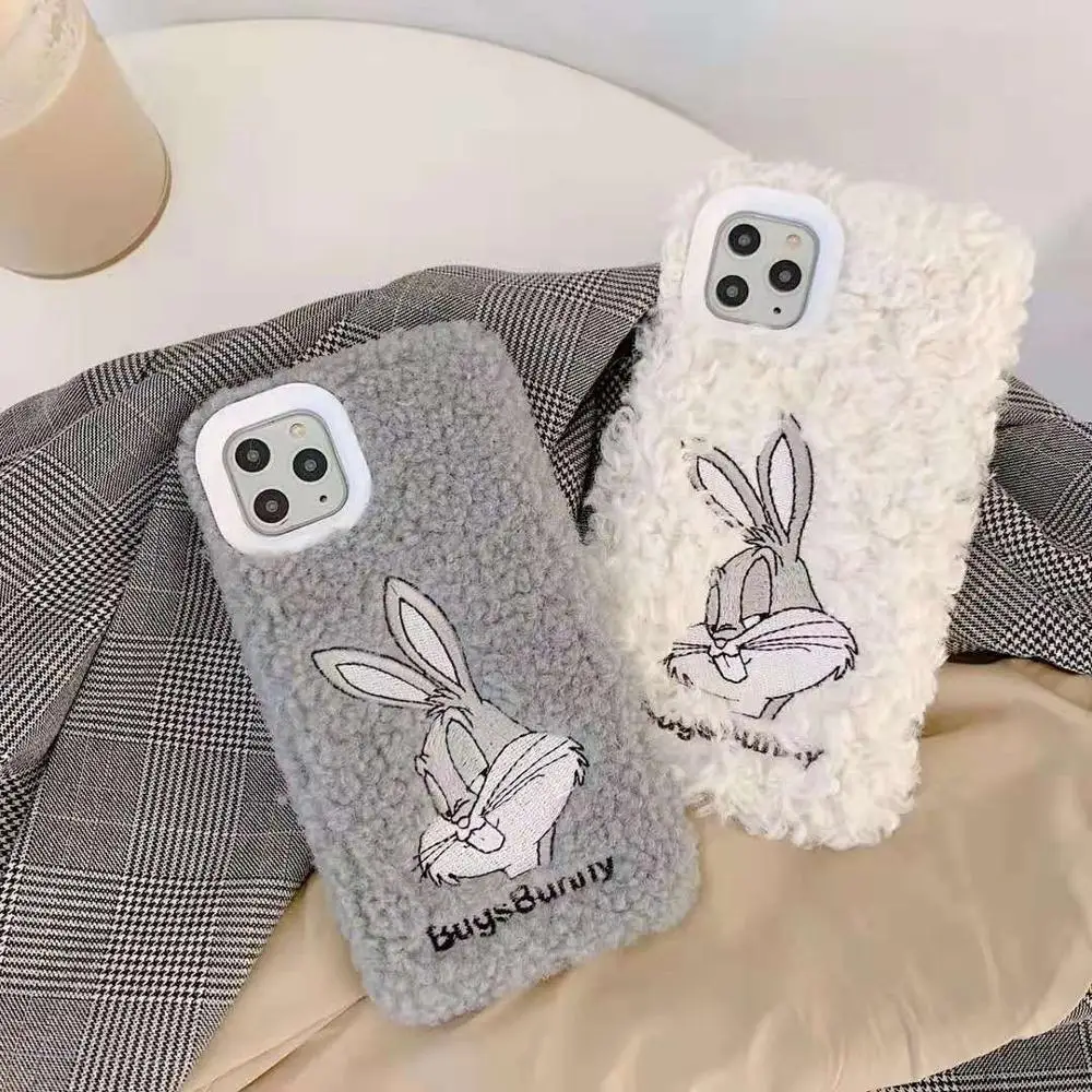 

Cartoon plush case For iPhone X XS XR 11 Pro Max 6 s 7 8 Plus buck teeth rabbit Warm Cute Soft Plush Phone Back Cover Coque