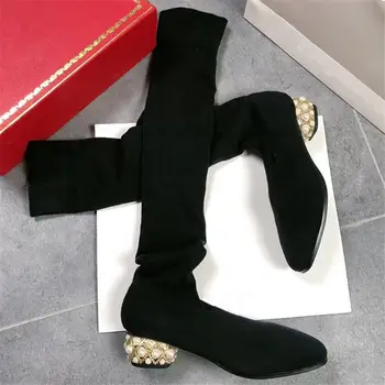 

Over the Knee Boots Women Sock Boots Thigh High Boots Spring Square Toe Pearls Med Heels Shoes Woman Slim Knitting Stretch Boots