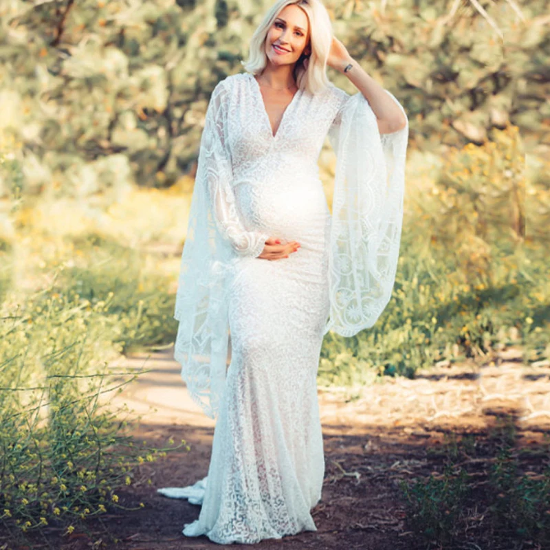 

2020 Maternity Photography Props Sexy Deep V Neck Long White Lace Dress For Pregnant Photo Shoots Pregnancy Dresses Clothes Hot