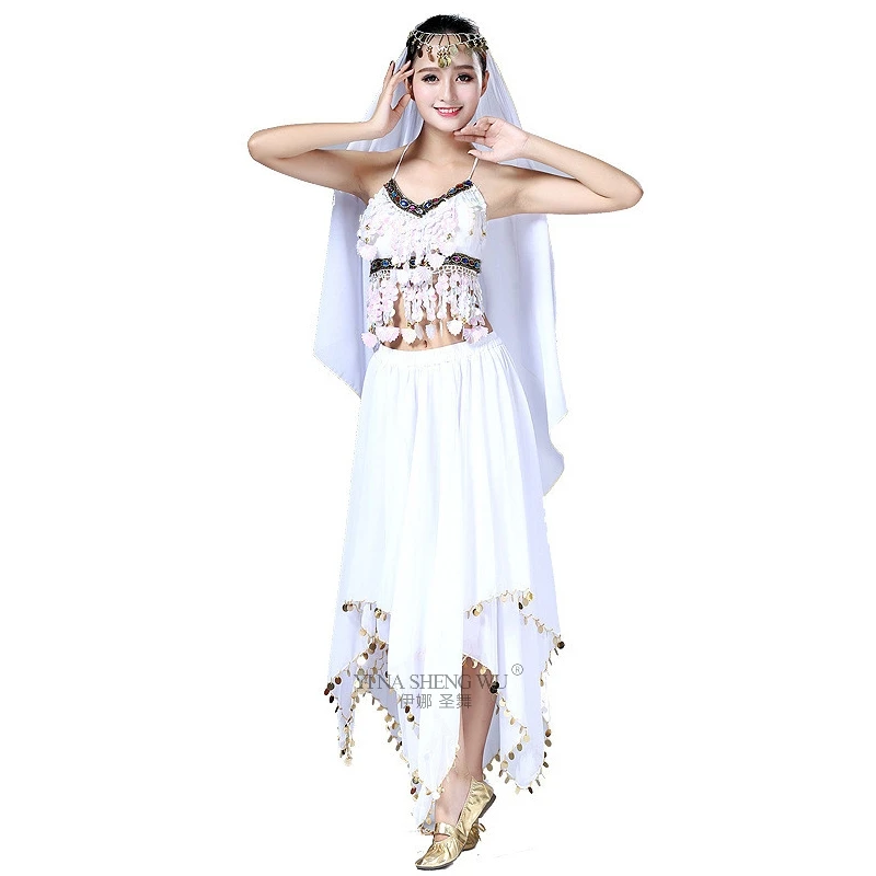 В стиле «Индийский Болливуд», Одежда для танцев, комплект Египет Для женщин танец живота индийские костюмы для танца живота, Выступления 3 шт./компл.(Топ и юбка из вуали - Цвет: White