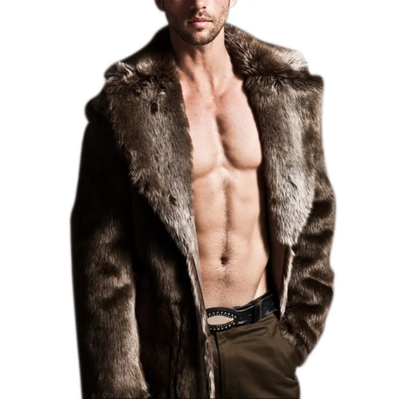 Искусственная кожа мужчины Базовая куртка зимняя теплая имитация мода искусственный мех длинное пальто Имитация шерсти куртка однотонная