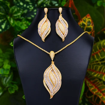 

missvikki 2PCS Noble Luxury Big Leaf Pendant Earrings Chains Necklace Jewelry Set Bridal Wedding Super CZ New Design Jewelry