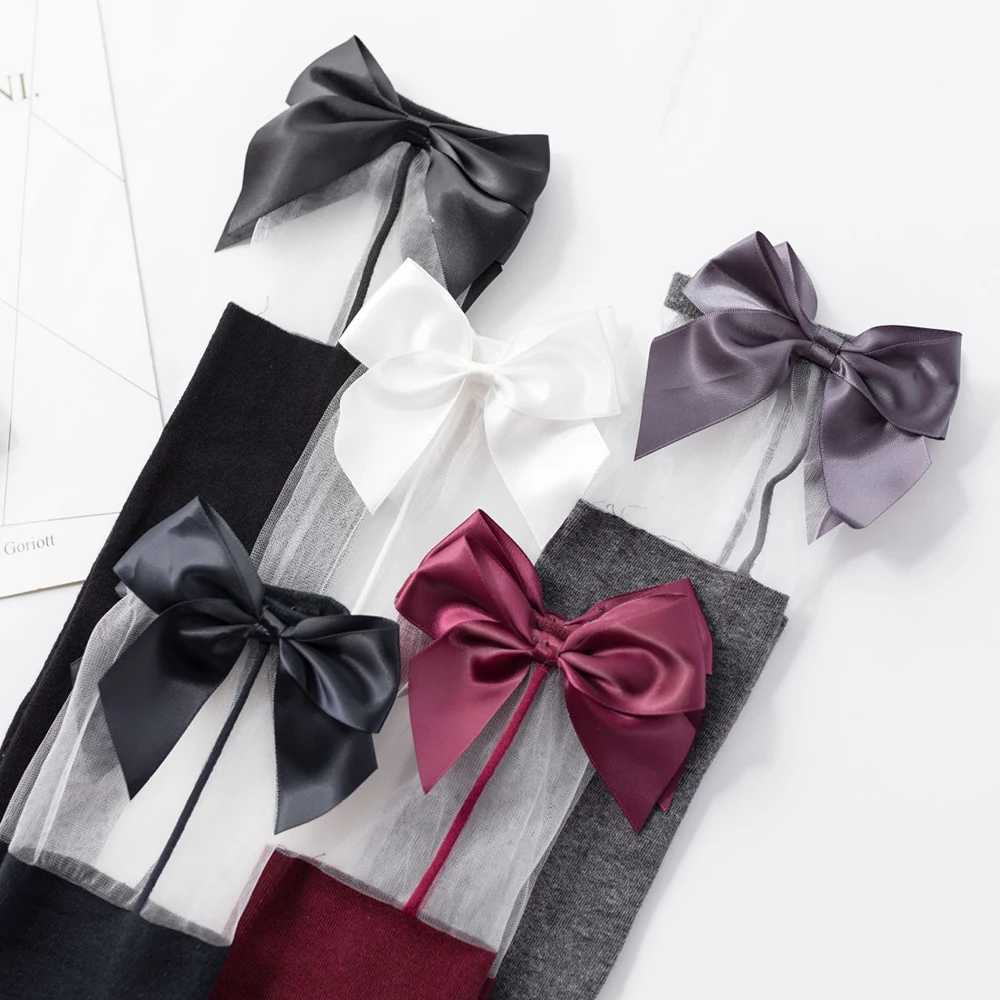 New Ribbon Bow Girl Perspective Lace Silk Thigh College style High Stockings Wine Red Hosiery Over Knee Socks Hot Big Bow Decor