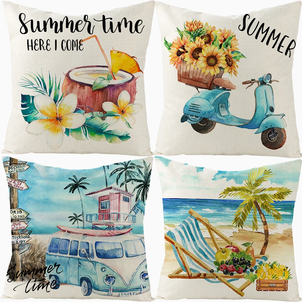 Summer Beach Coconut Tree Print Decorative Pillow Case Blue Throw Pillowcase Seaside Vacation Home Linen Cushion Cover 45X45CM | Дом и сад