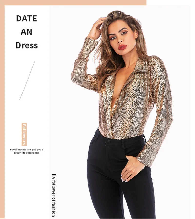2019 Женский Повседневный обтягивающий костюм, золотой змеиный принт, вечерние, сексуальные, с длинным рукавом, с глубоким v-образным вырезом