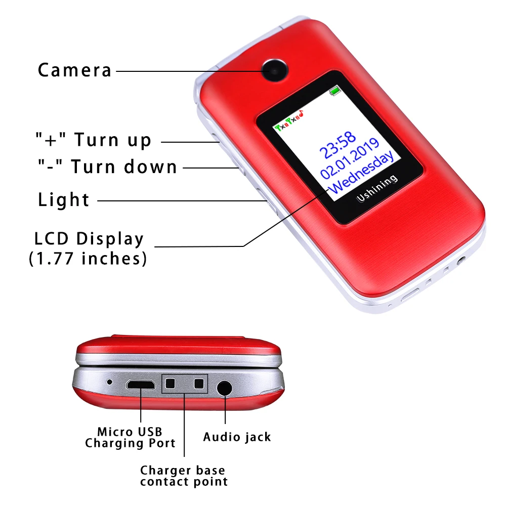Ushining 3G мобильный флип телефон с двойным экраном SIM красный разблокированный