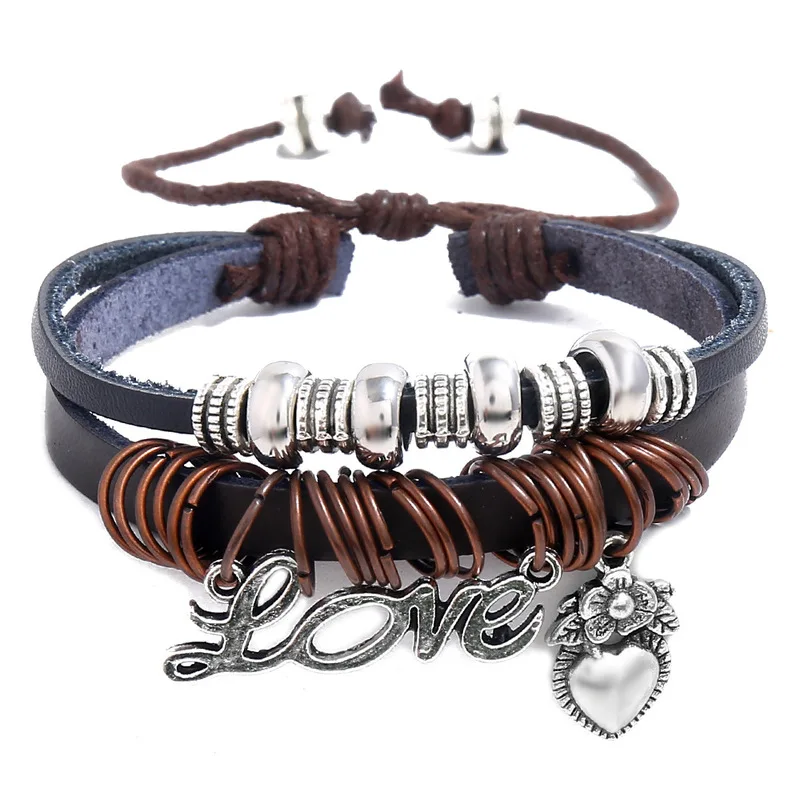 

Punk's new Beaded men's and women's Cowhide Bracelet couple jewelry Love Pendant Bracelet