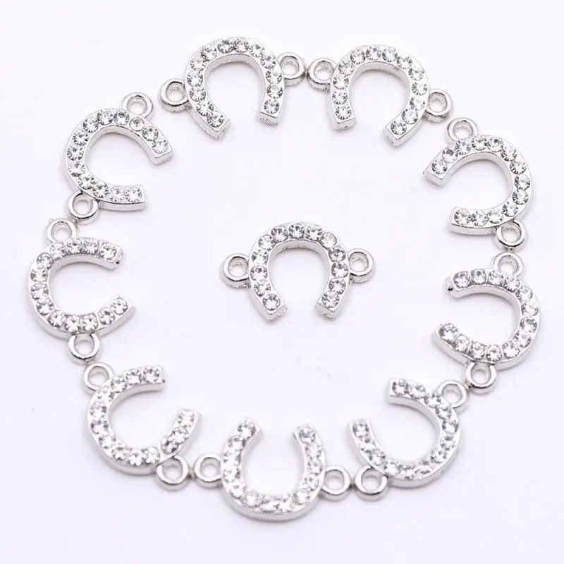 Hot Silver Color Horseshoe Rhinestone Connectors Charms for Bracelets Making DIY Novelty Jewelry Accessories Factory Price | Украшения и