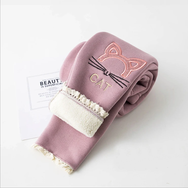 cat pink Зимние теплые Штаны для детей штаны для девочек с флисовой подкладкой Штанишки для детей дошкольного возраста из хлопка с рисунком кота, кролика, Утепленные зимние штаны, брюки для подростков 6/8/10/12 лет - Цвет: cat pink