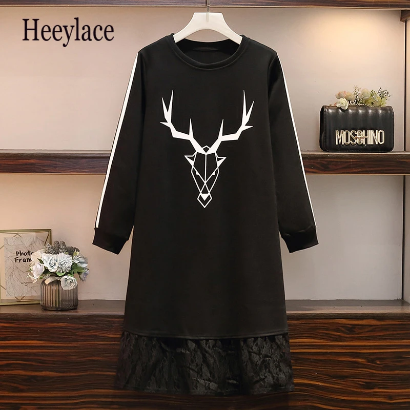 

Plus Size Women Casual Sweatshirt Dress Autumn Winter 2019 Print Side Striped Long Sleeve Patchwork Lace Ruffle Dresses Xl-5xl