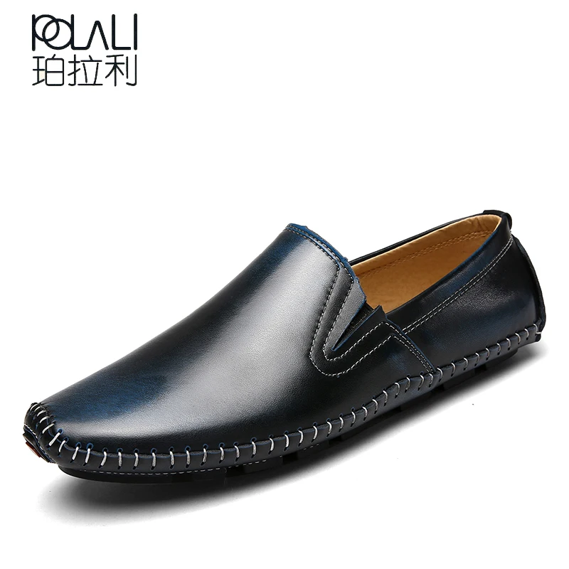 

Genuine Leather Mens Loafers Fashion Handmade Moccasins Cow Leather Men Flats Black Blue Slip On Male Boat Shoe