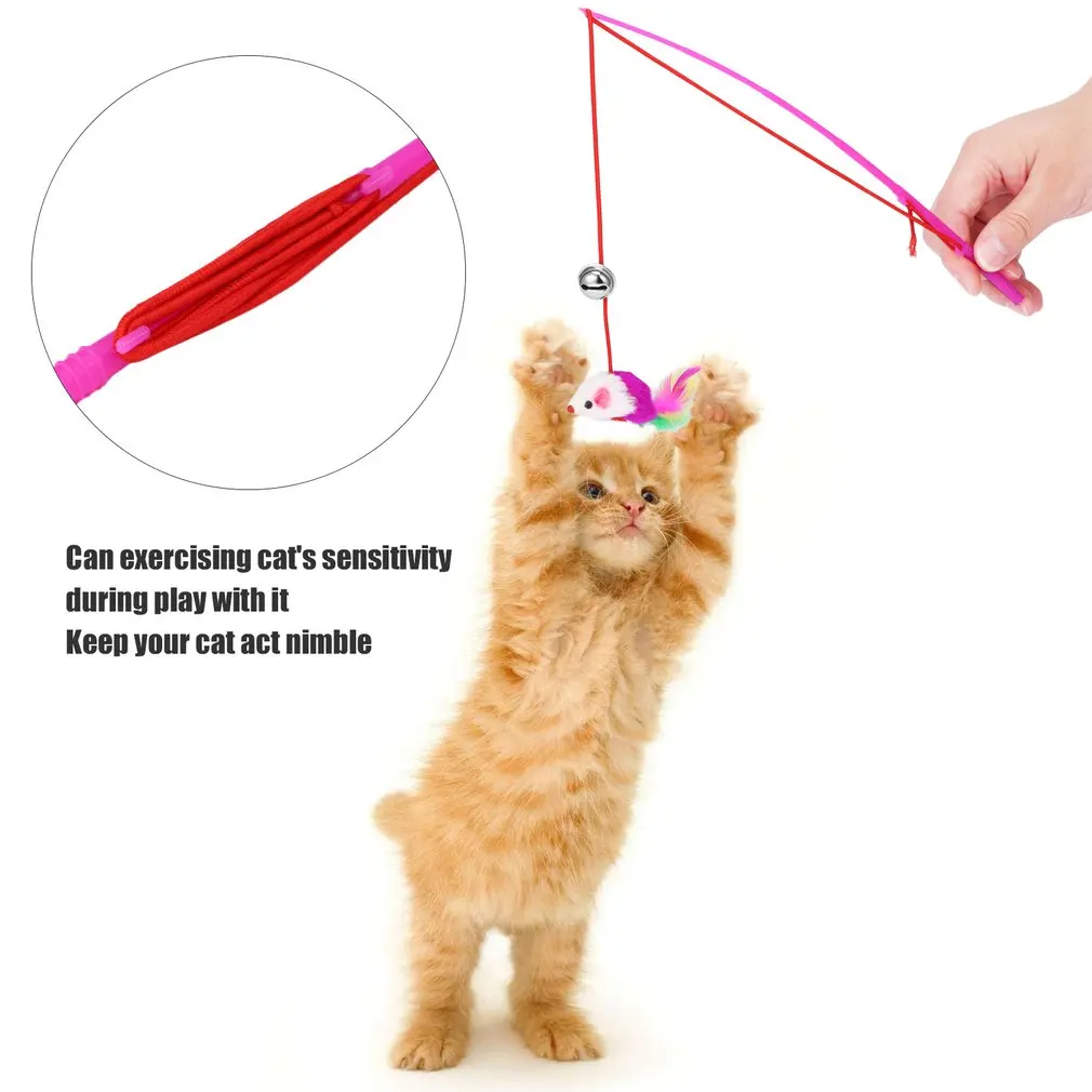 Feather Toy Wand Teaser Wand Cat Toys Interactive Retractable Wand Rod with Assorted Feather Toy for Exercising Kitten or Cat