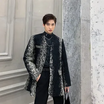 

Male Vintage Fashion Blazer Jacket Spring Autumn Clothing Men Wool No Button Belt Casual Suit Coat