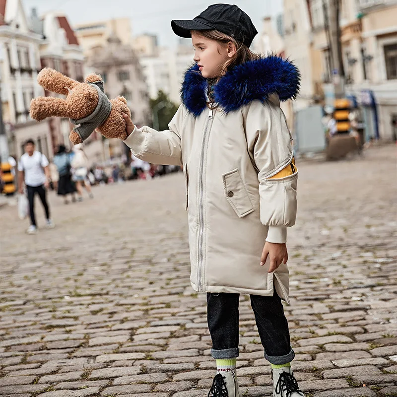Beige Пальто для девочек зимние куртки для мальчиков, парка с натуральным мехом и буквенным принтом, нейтральный Повседневный зимний топ для детей 8, 10, 12, 14 лет, детская одежда - Цвет: Beige