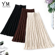 YuooMuoo корейский стиль Женская осенне-зимняя плиссированная юбка черная эластичная высокая талия вязаная женская Юбка-миди трапециевидная плиссированная юбка