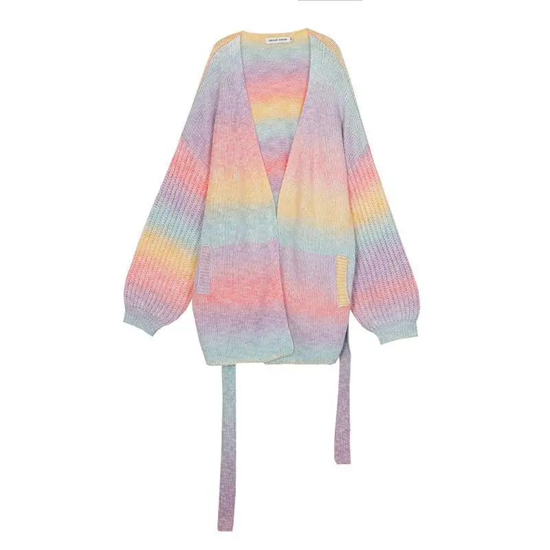 long cardigan Japanese Kawaii Lolita Rainbow Sweater Women Sweet Korean Chic Full Sleeve Knitted Sweater Female Cute Knitting Sweater Coat 202 black cardigan