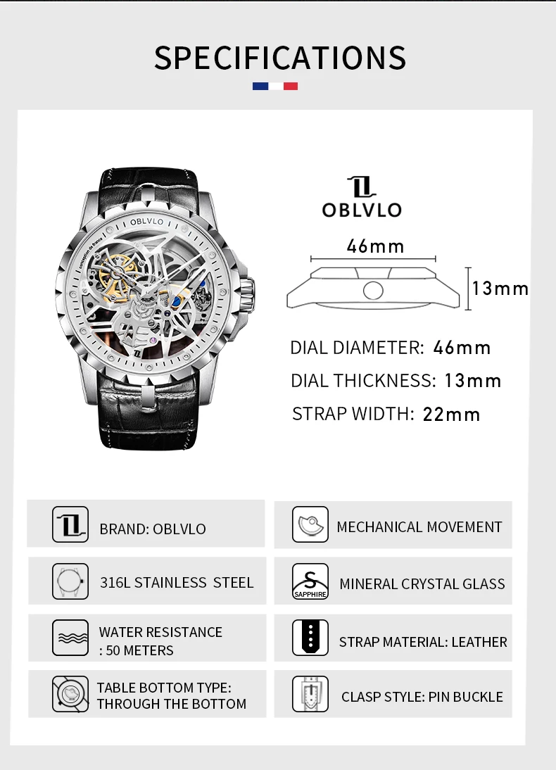 OBLVLO Skeleton Analog Display Tourbillon Automatic Watches Brown Leather Strap  Waterproof Relogio Masculino RM-S