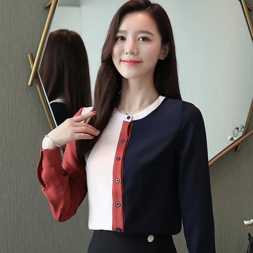 Cardigan Shirts Casual Slim Navy Lady Clothing O-neck New Fashion Long Sleeve Women Chiffon Blouses |