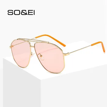 

SO&EI Fashion Oversized Round Metal Frame Pilot Sunglasses Women Candy Color Clear Pink Yellow Blue Men Sun Glasses Shades UV400
