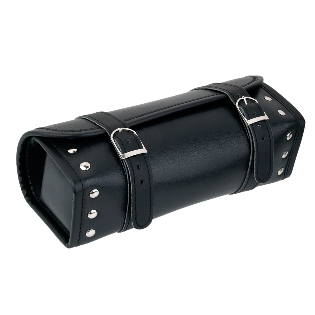 Black Motorcycle Pannier Waterproof Saddle Bag PU Leather Roll Tool Pouch