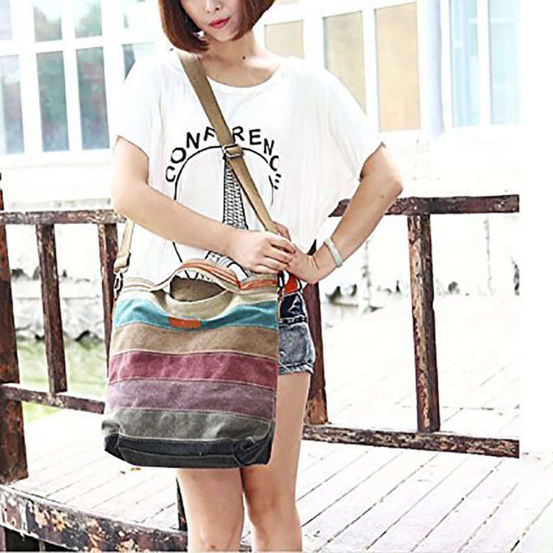 

Canvas Handbag Multi-Color Striped Lattice Cross Body Shoulder Purse Bag Tote-Handbag for Women