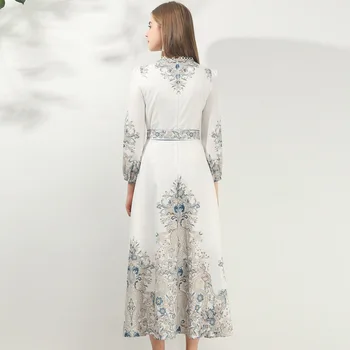 

Round neck lace retro print set with diamond stud bead lace spring 2020 new big swing temperament dress