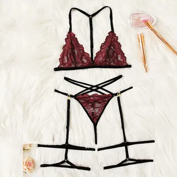 

Lingerie Sexy Bra Set Sexy Fashion Wine Red Lace Sling Lingerie Bra+Garter+Briefs Set Babydoll Sleepwear Sets Femenina Lenceria