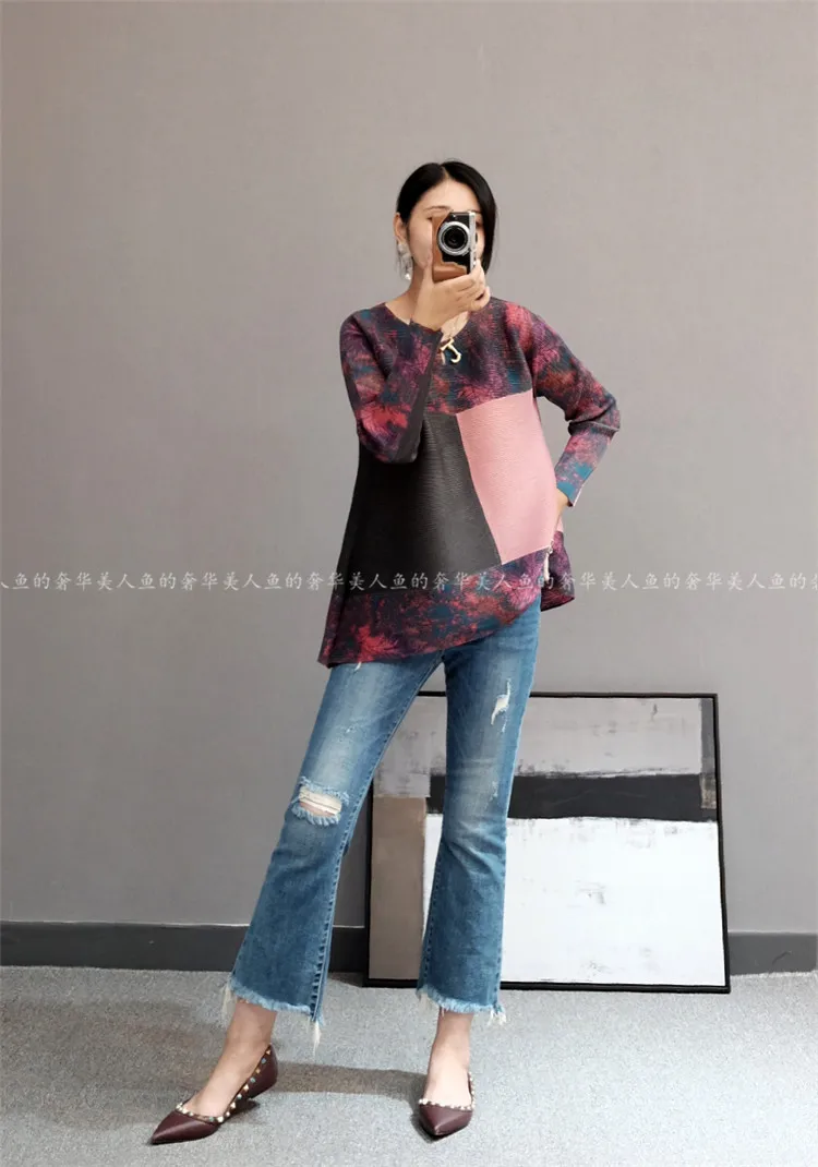 MIYAKE fold Новая Осенняя рубашка большого размера с принтом зарубежная Ретро футболка с длинным рукавом Женская