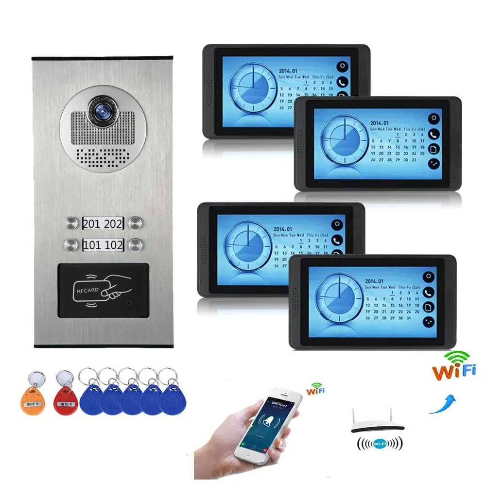 

YobangSecurity 4 Units Apartment Video Intercom 7 Inch LCD Wifi Wireless Video Door Phone Doorbell Speakerphone Intercom System