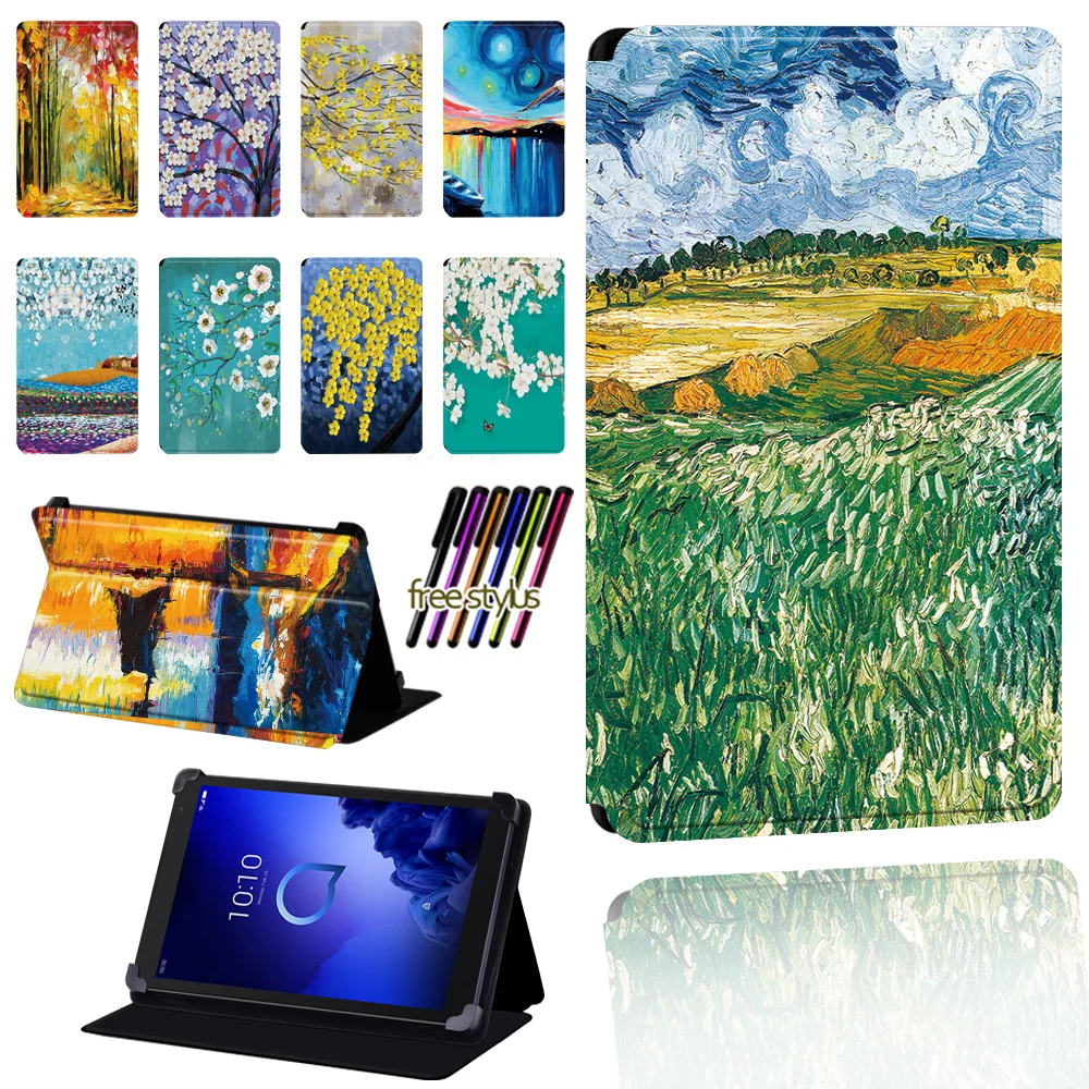 

For Alcatel 1T 7 10 / 3T 8 10 / A3 10 Tablet Paint Pattern Scratch Resistant Folio Lightweight Protective Case Cover + Pen
