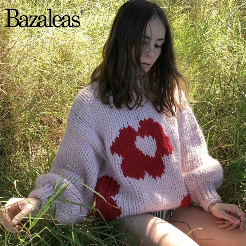 Bazaleas Шикарный цветок узор Розовый Женский пуловер винтажный Круглый Вырез Свободный женский свитер модные пуловеры женские свитера Прямая