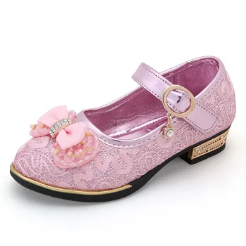 

HaoChengJiaDe Children's leather shoes for girl kid shoes Stylish exquisite bow Princess party show shoes Golden pink 4-11 years