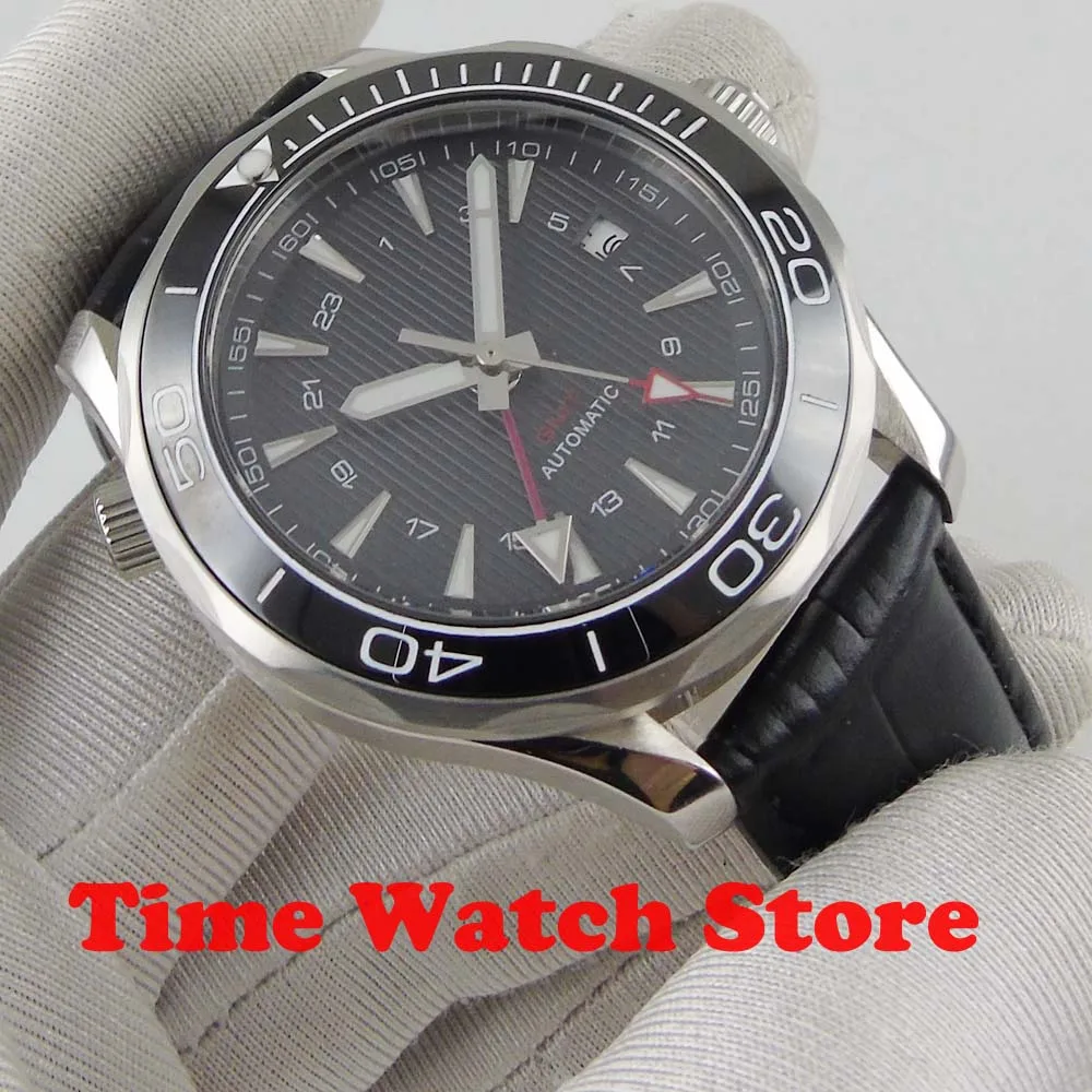 Новые 41 мм Bliger GMT автоматические часы мужские роскошные механические водонепроницаемые черный циферблат кожаный ремешок керамический светящийся сапфир 877