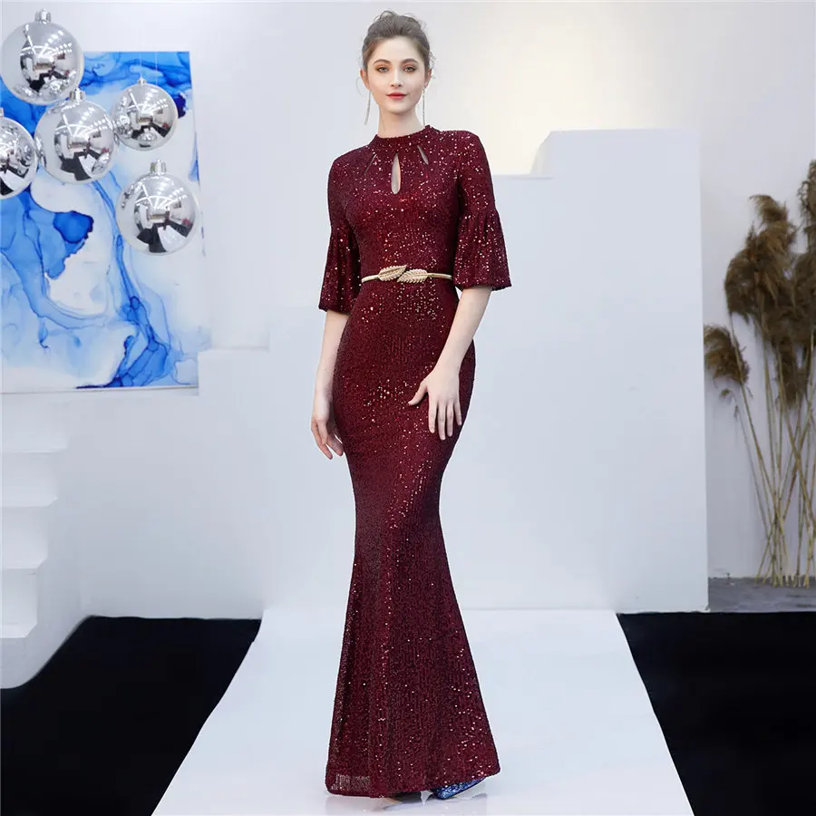 Бургундия Длинные вечерние платья размера плюс Robe De Soiree DX266-2 цвета шампанского золота с круглым вырезом женское вечернее платье с блестками элегантное платье русалки - Цвет: Бургундия