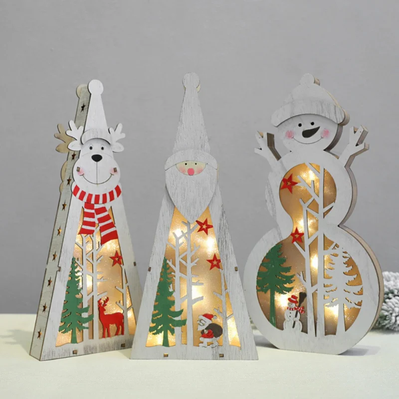 

New Year Christmas Decoration Crafts Color Painted LED Light Up Wooden Tabletop Ornaments Battery Not Icnluded H