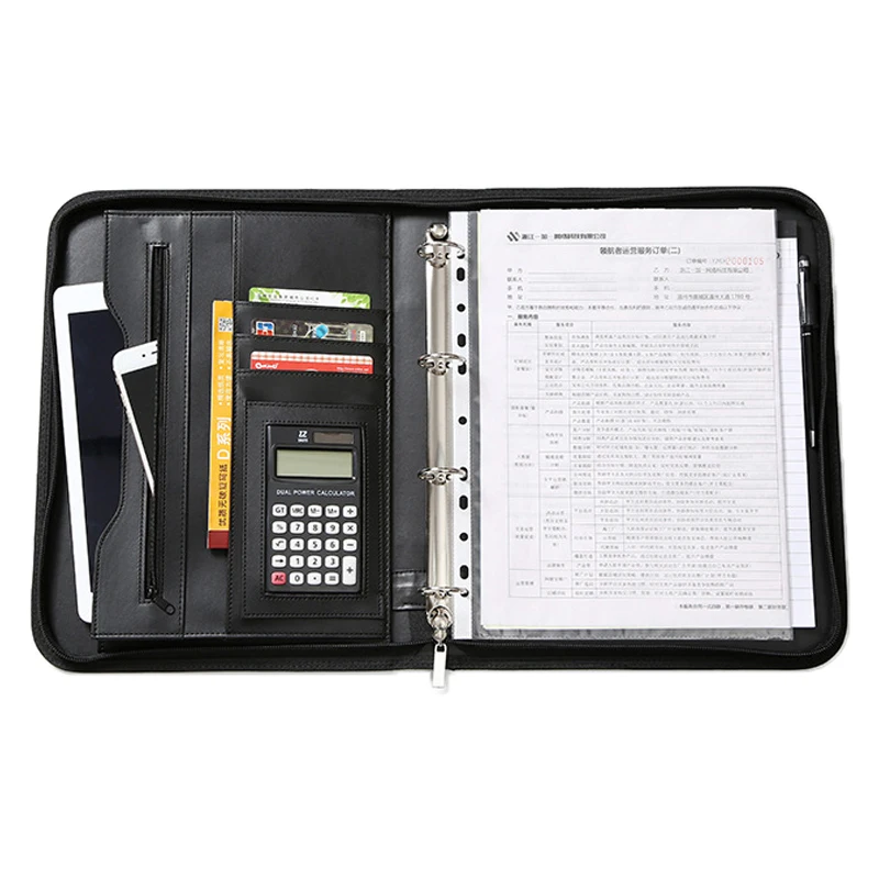 

A4 File Organizer Portfolio Folder Document Bag Business PU Leather Multi-function Notepad Card Slot Binder Folder Calculator