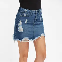 Лето 2019 Новая Женская Базовая юбка женская синяя рваная Повседневная мини джинсовая юбка джинсы джинсовая юбка с карманами