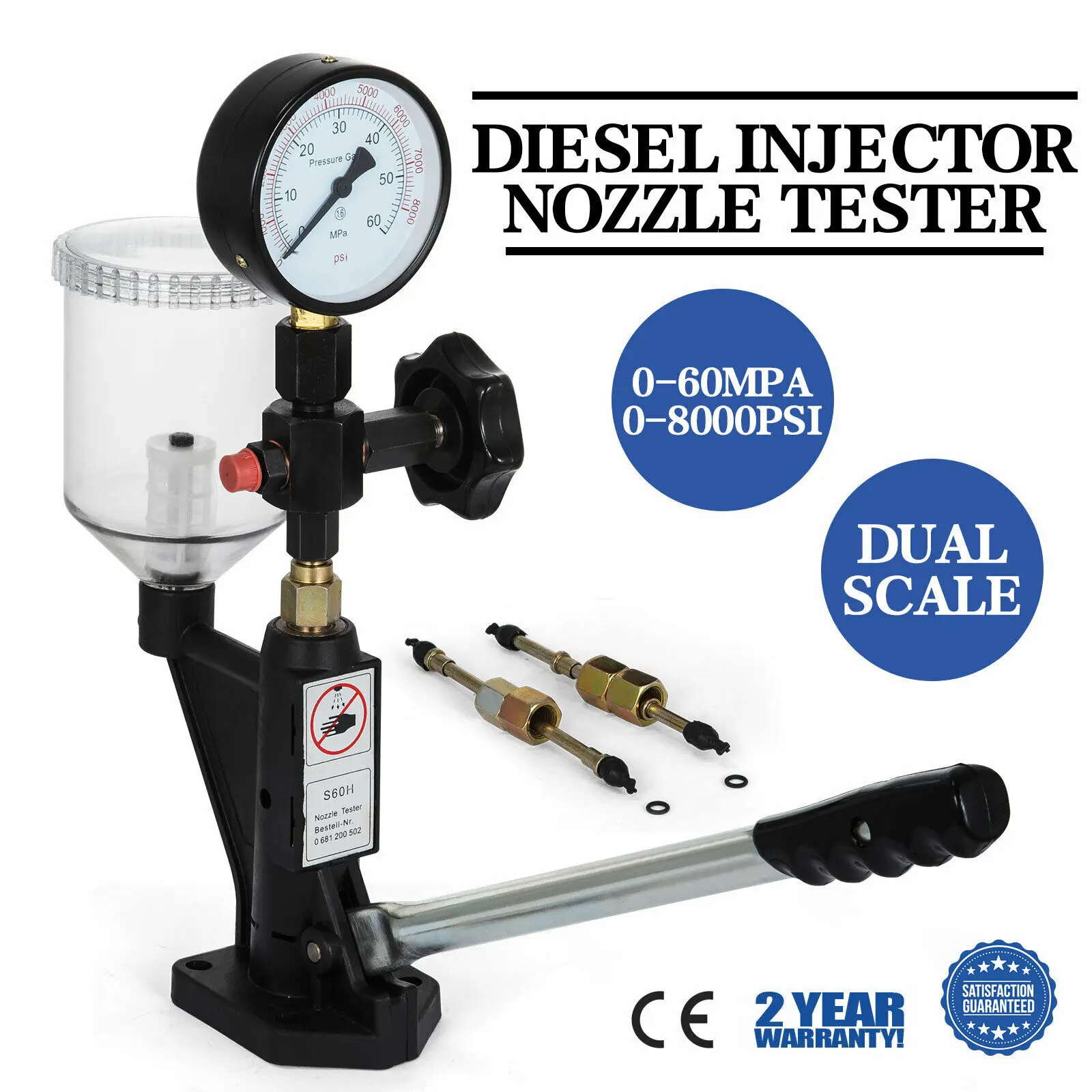 Diesel Injector Nozzle Tester Pop Pressure Tester Dual Scale 600-8000 PSI BAR 