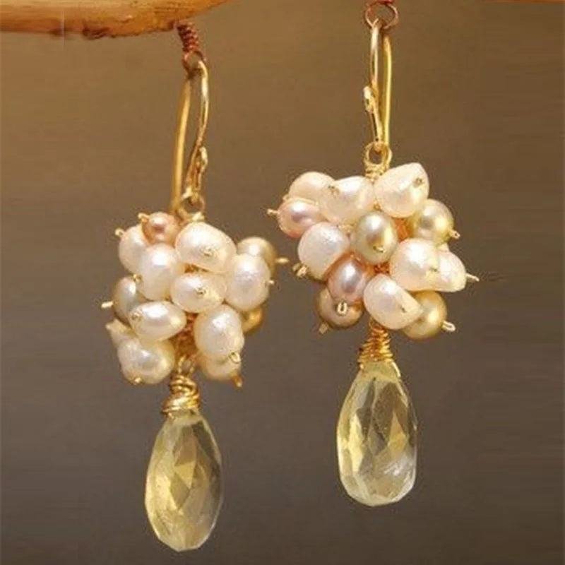 Cluster of mixed color pearls with green amethyst Earrings - Image 2