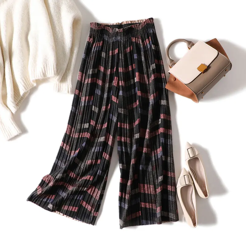 2020 New Autumn Winter Woolen Wide Leg Pant Drape Harem Pant Women Elastic Waist Pleated Trousers Pleated Pant Thick Flared Pant