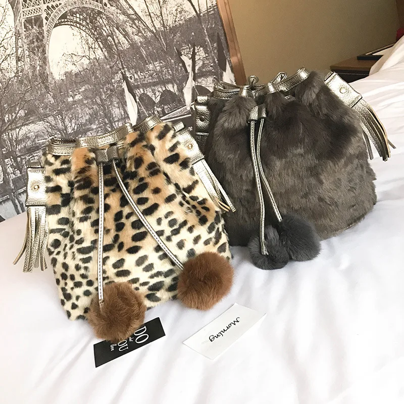 

2019 Autumn And Winter New Style Pull-belt Bucket Bag Furry Leopord Pattern Shoulder Oblique Handbag