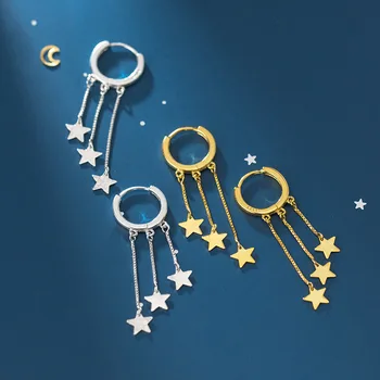 

Authentic 1pair Real 100% 925 Sterling Silver fine Jewelry white/GOLD Stars tassel Hoop Earrings GTLE2892
