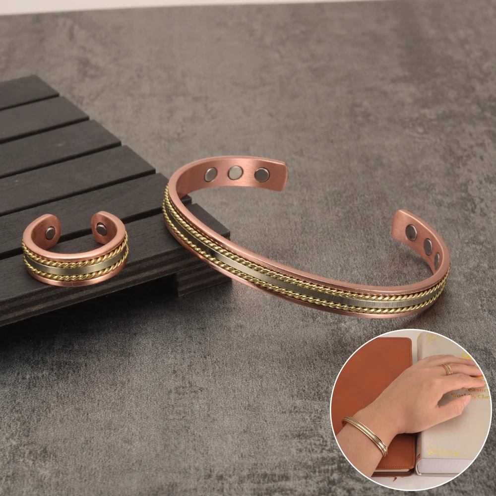 

Jewelry-Set Magnetic Copper Bracelet Ring Healing Energy Jewelry Sets for Women Rose Gold Adjustable Cuff Ring Bracelets Bangles