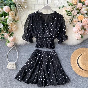 

2020 summer new women's V-neck sequins puff sleeve ruffles chiffon shirt + high waist bling skirt suits female two-piece sets