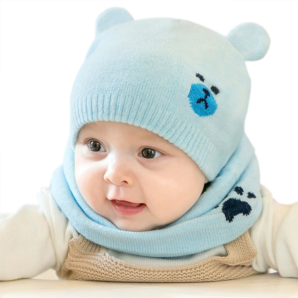Новая детская зимняя шапка s наборы с шарфом теплая вязаная Круглая Шапочка Милая шапочка с мультяшным медведем - Цвет: Синий