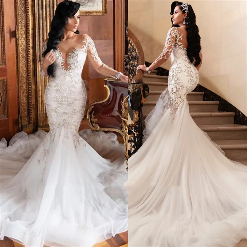 Sumnus Long Sleeves Mermaid Wedding Dress vestido de novia Sexy V Neck Lace Bridal Dress vintage Wedding Gown Plus Size Sumnus Long Sleeves Mermaid Wedding Dress vestido de novia Sexy V Neck Lace Bridal Dress vintage Wedding Gown Plus Size