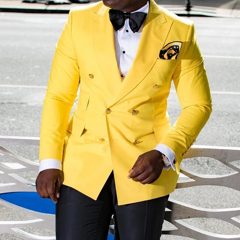 

Yellow Double Breasted Prom Suits for Mens Slim Fit 2 piece Custom Casual Wedding Groom Tuxedos Set Jacket with Black Pants