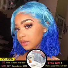 Предпочтительный Омбре синий парик 1b до зеленый розовый 13x6 парик фронта шнурка бразильский Remy Предварительно сорванные короткие парики из человеческих волос для черных женщин