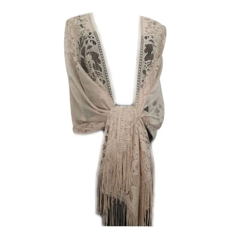 185x63 см, женский шарф 1920 s, Ажурные вязаные крючком цветочные кружева, бахрома, кисточки, свадебная накидка, вечерняя винтажная шаль - Цвет: Beige