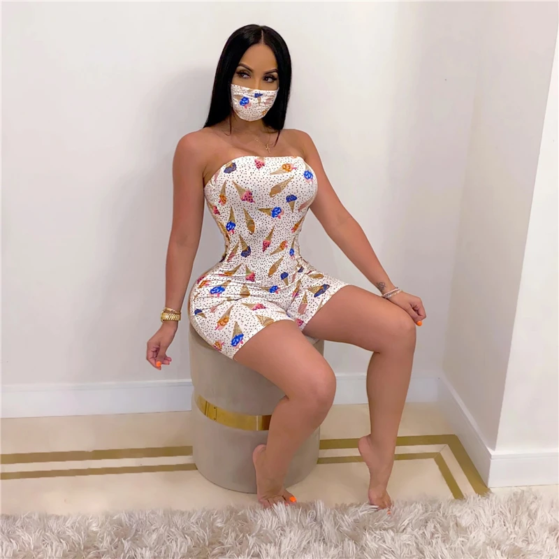Adogirl Women Jumpsuit Ice Cream Print Strapless Shorts Romper 2020 Summer Casual Overalls Jumpsuit Set